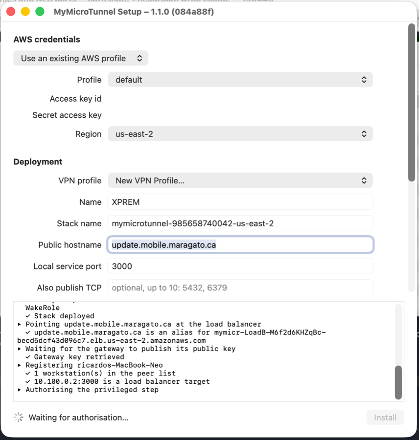 The MyMicroTunnel setup window: AWS credentials with a profile and a region
                  list, then the deployment fields, with a log showing the stack deployed and
                  the hostname pointed at the load balancer.